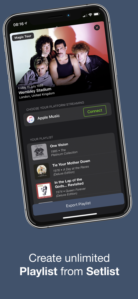 Interface do aplicativo móvel exibindo uma setlist de show do Queen com uma opção para exportar a playlist para o Apple Music.