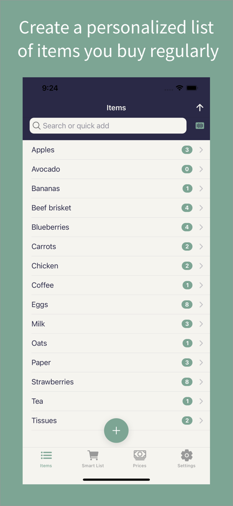 PricedLess - PricedLess 앱 화면에 품목 가격 추적을 위한 개인 맞춤형 식료품 목록 표시