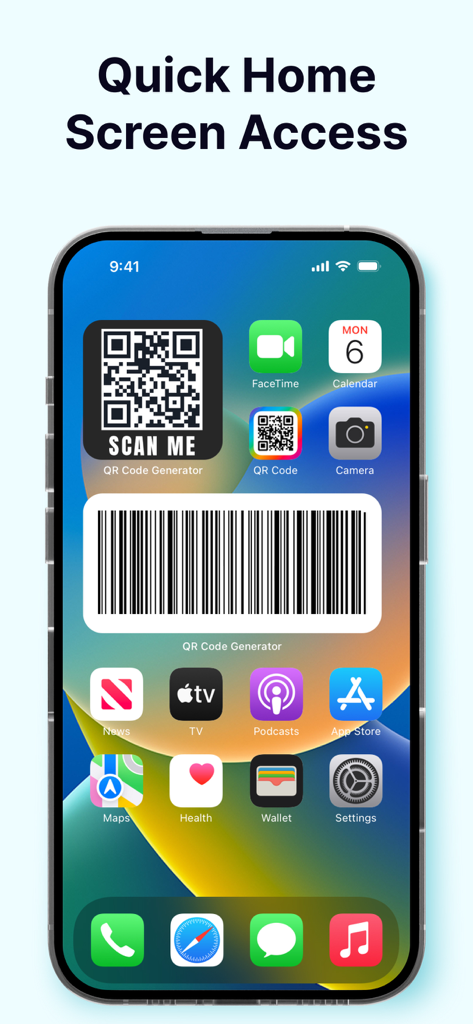 iPhone-Startbildschirm mit QR-Code- und Barcode-Widgets für schnellen Zugriff