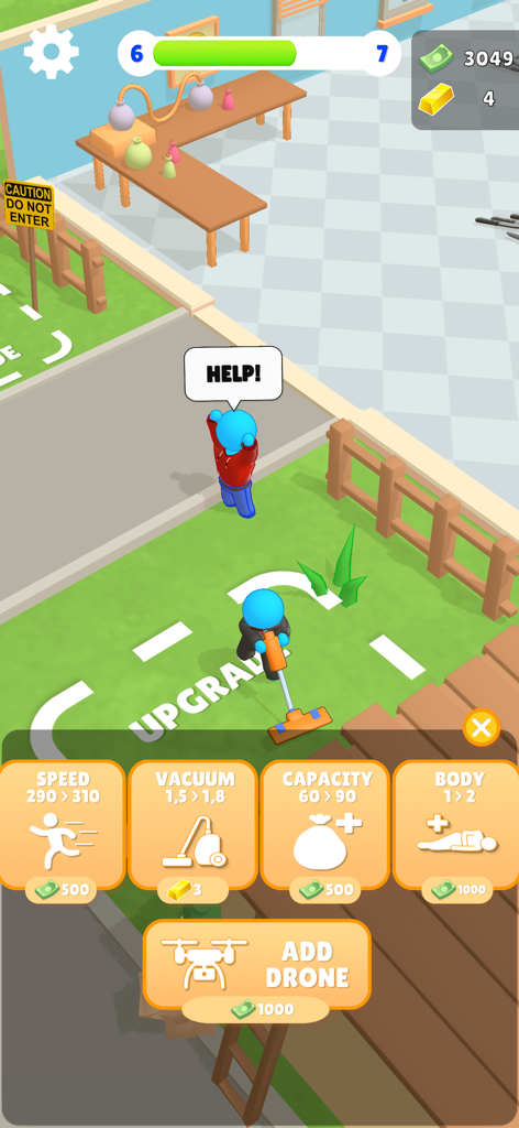 Gameplay screenshot of Murder Cleaner showing the upgrade menu for tools and character abilities