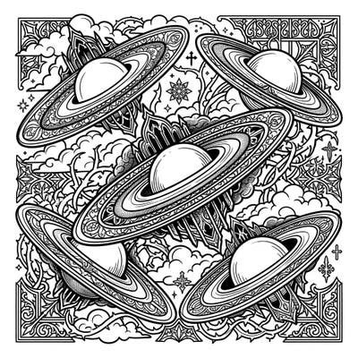 Dive into a unique celestial experience with this Gothic Lenticular Galaxies coloring page. Featuring intricately detailed ringed planets amidst ornate Victorian-inspired cosmic elements, it offers a truly captivating artistic challenge.