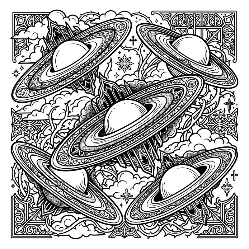Dive into a unique celestial experience with this Gothic Lenticular Galaxies coloring page. Featuring intricately detailed ringed planets amidst ornate Victorian-inspired cosmic elements, it offers a truly captivating artistic challenge.