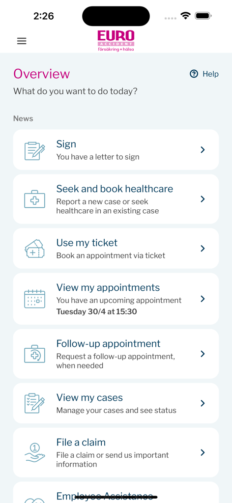 Euro Accident 2.0 - The overview dashboard of the Euro Accident 2.0 app featuring menu options for healthcare booking, claim filing, and appointment management.