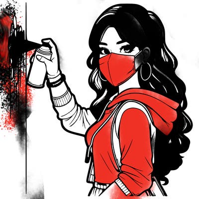 realistic girl with mask spray painting a wall