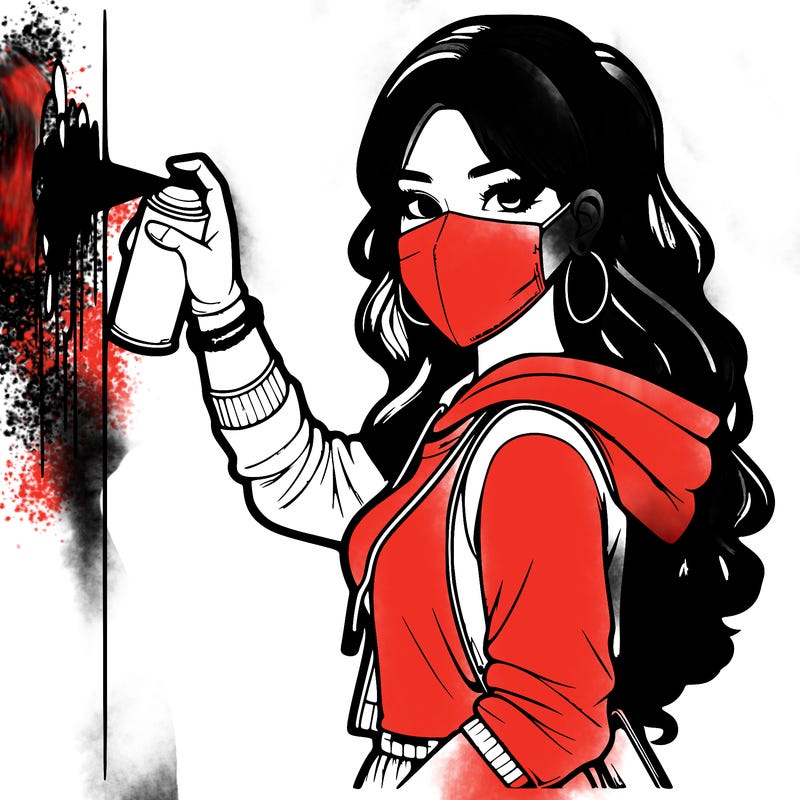 realistic girl with mask spray painting a wall