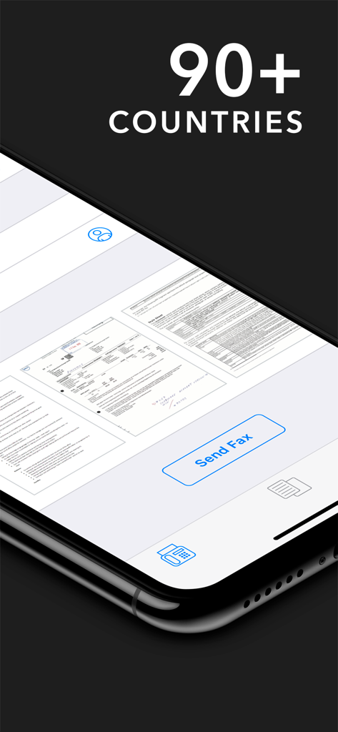 iPhone app screen showing document previews and a Send Fax button with text 90 plus countries
