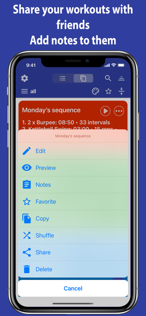 Tabata Timer app menu showing options to share workouts and add notes to sequences