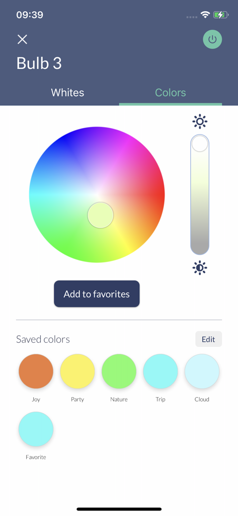 RGB color wheel and brightness slider for a smart light bulb in the AwoX HomeControl app
