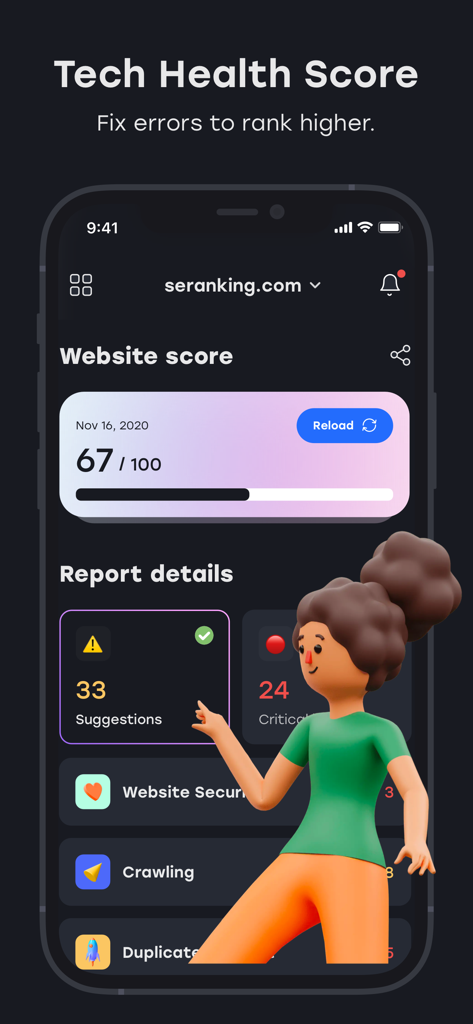 SE Ranking Pro - Interfaccia dell'app SE Ranking Pro che mostra una dashboard del punteggio di salute tecnica del sito web e dettagli dell'audit SEO