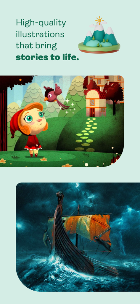 Pickatale - A showcase of high-quality storybook illustrations in the Pickatale reading app featuring a cartoon girl and a Viking ship.