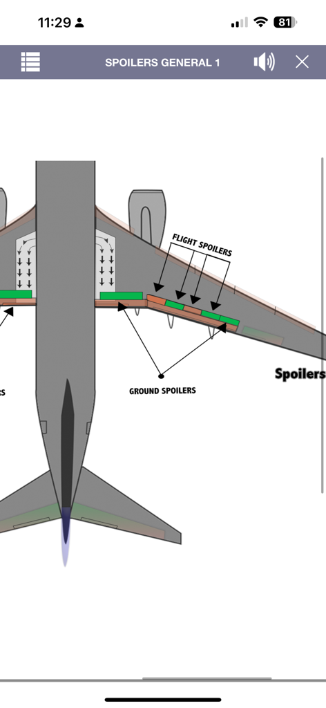 Un diagrama técnico detallado del ala de un Boeing 737 que muestra la ubicación de los spoilers de vuelo y de tierra