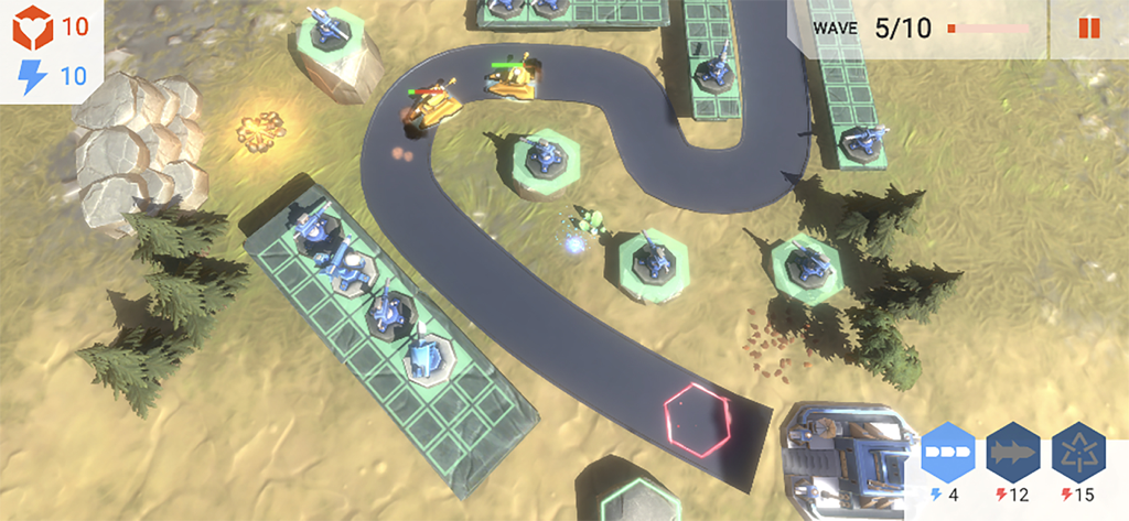 River Tower Defence TD Games - Gameplay de River Tower Defence montrant des tourelles bleues défendant un chemin contre des chars