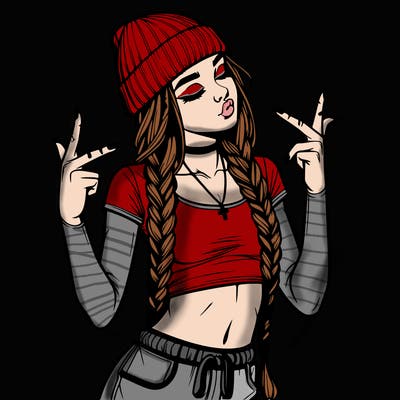 realistic teenage girl with braids and a beanie and crop top doing 🫶🏼