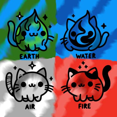 4 cats that represent the different elements, earth, water, air, and fire