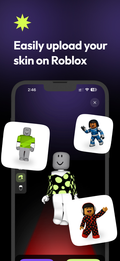 Skins Maker for RBLX - Tela do aplicativo móvel mostrando várias skins de avatar personalizadas e texto sobre o upload para o Roblox