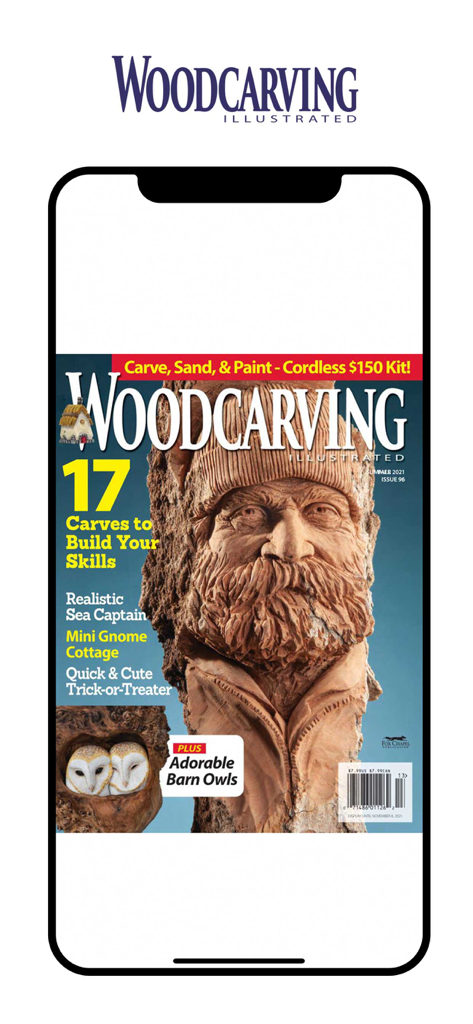 Woodcarving Illustrated - Smartphone screen showing Woodcarving Illustrated magazine cover with a carved sea captain