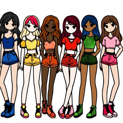 a group of girls wearing crop tops and shorts