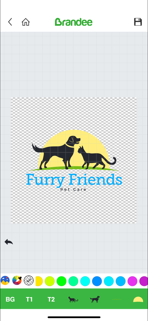 Brandeeアプリのモバイルインターフェース、犬と猫のシルエットが入ったペットケアロゴのデザインが表示されています