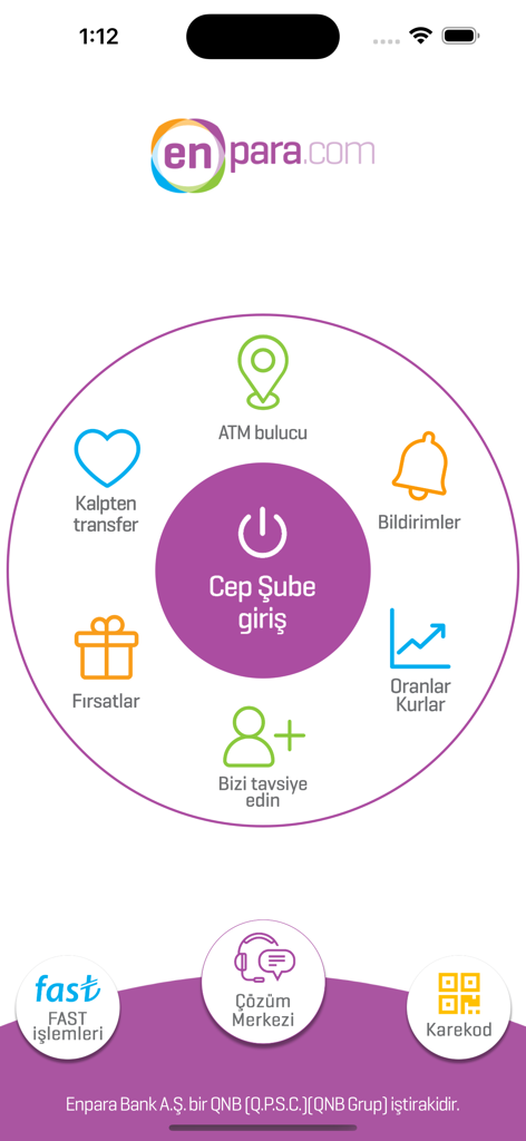 Enpara Bankモバイルアプリのログイン画面。銀行サービス用の円形メニューが表示されています