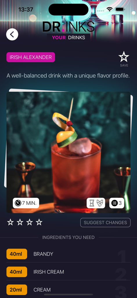 Interface of the dr.inks app displaying a recipe for an Irish Alexander cocktail with a list of ingredients.