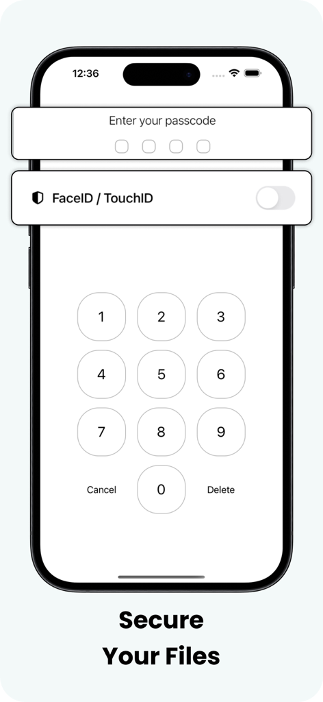 Sichere Dateispeicherung mit Passcode und FaceID-Sperrbildschirm in der IDM-App