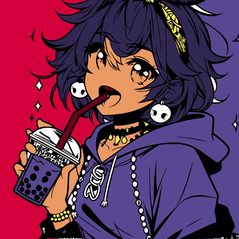 hot baddie anime girl drinking boba and biting the straw