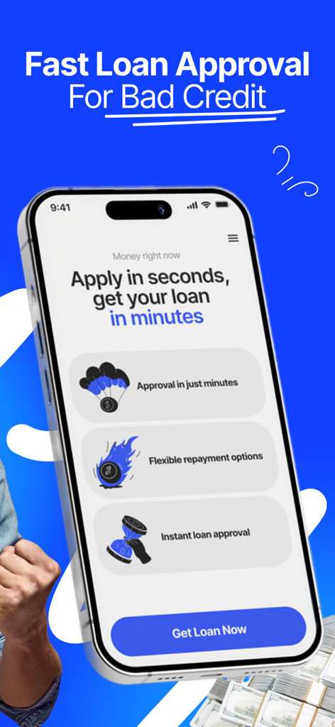 Borrow Money – Fast Loans App - iPhone screen displaying the Borrow Money app with the title Fast Loan Approval For Bad Credit and features like instant approval and flexible repayment options.