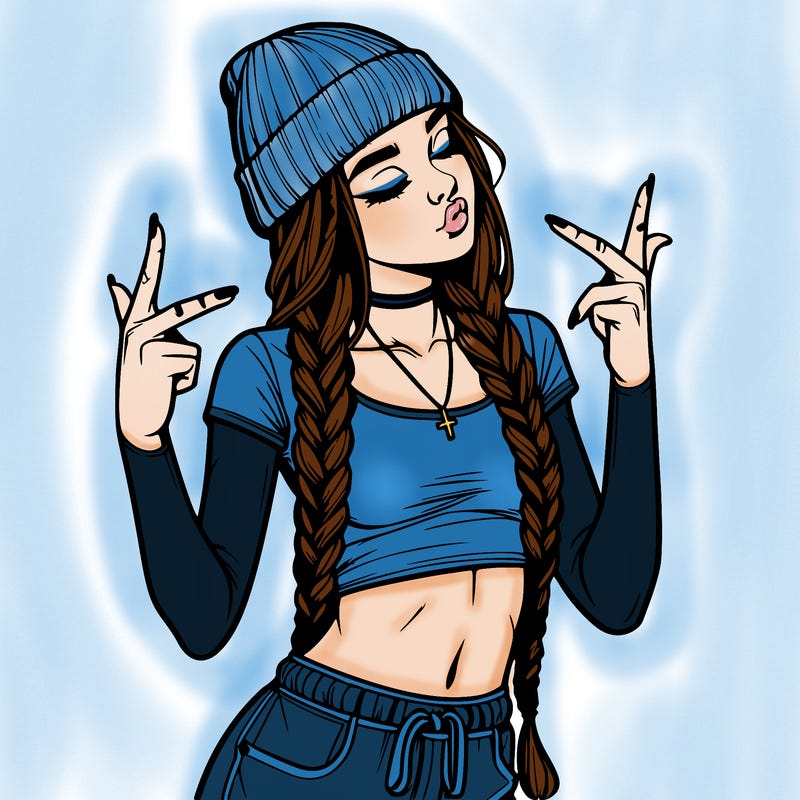 realistic teenage girl with braids and a beanie and crop top doing 🫶🏼
