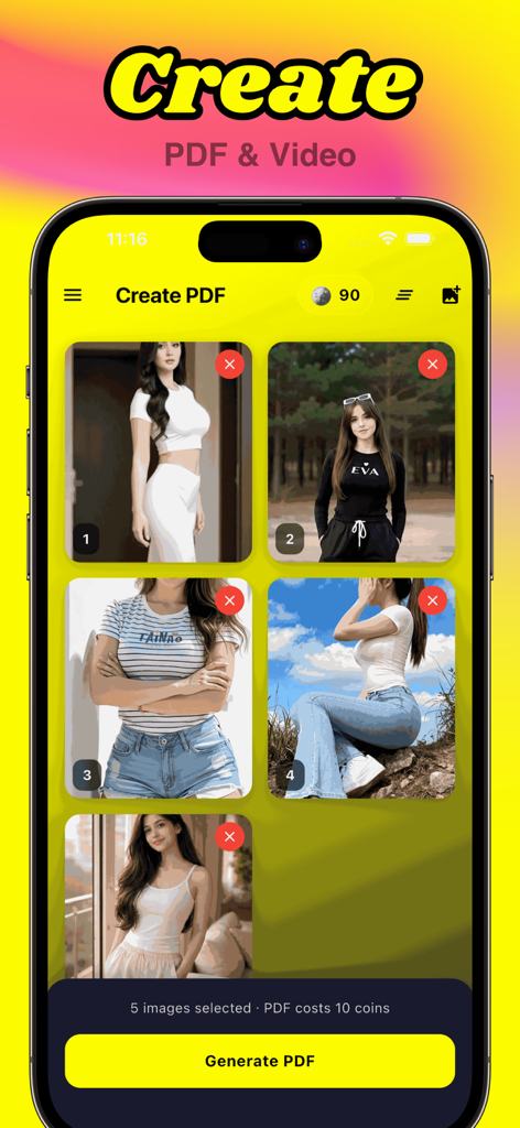 Emyuアプリのインターフェース。コインを使用してPDFドキュメントを生成するために、ギャラリーから複数の写真を選択しています。
