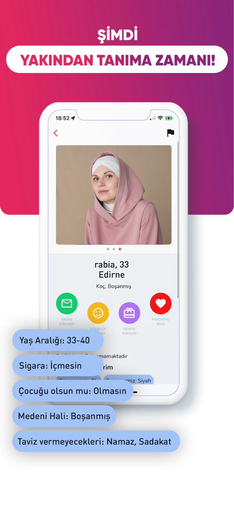 Gönülden Sevenler Evlilik - Perfil de uma mulher no aplicativo matrimonial Gönülden Sevenler exibindo sua foto, idade, localização e preferências de relacionamento.