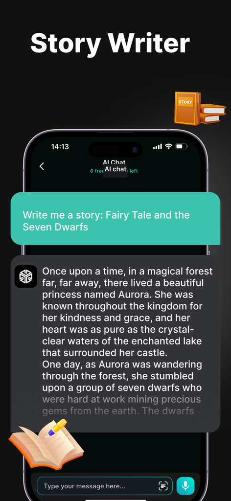 IA Chatbot Assistant - GemAI - GemAI App-Oberfläche, die die Story-Writer-Funktion zeigt, die eine kreative Märchengeschichte basierend auf einer Benutzereingabe generiert.