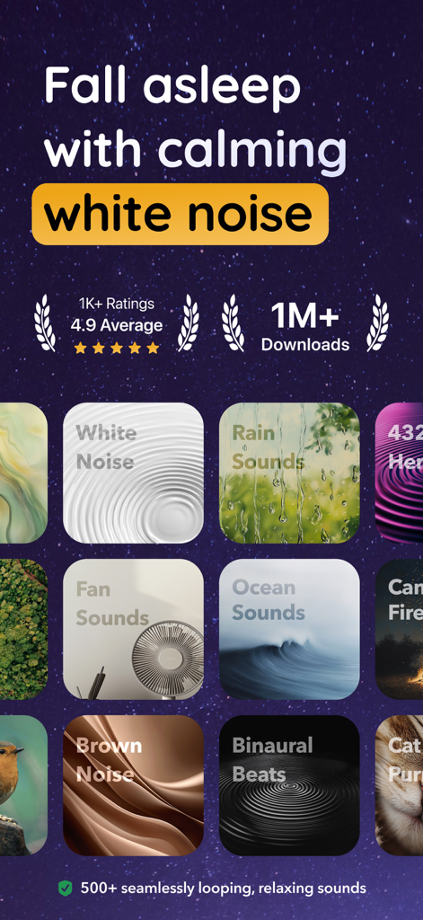 Pantalla de la aplicación Soundscape con opciones de sonido relajantes que incluyen ruido blanco y lluvia
