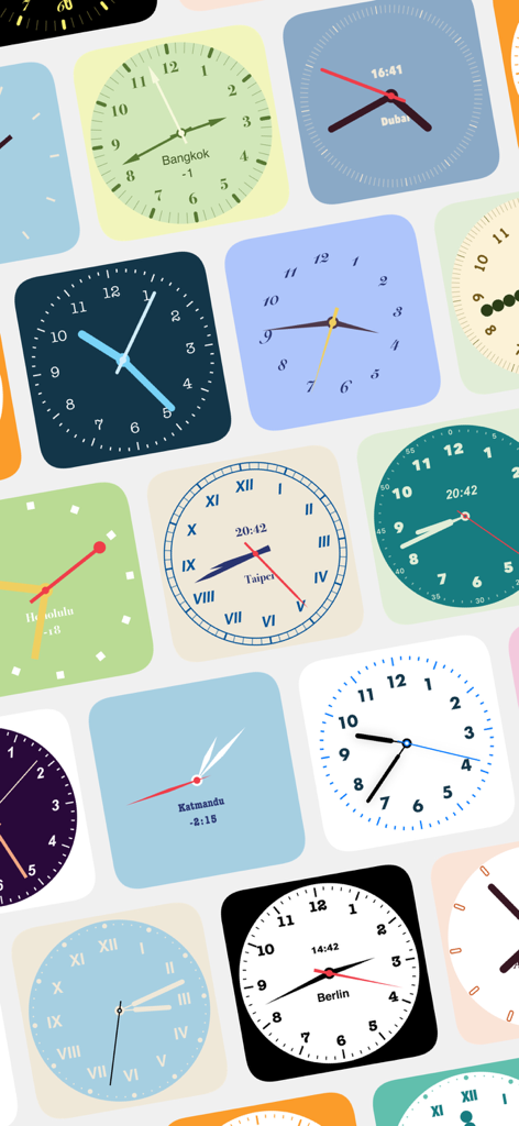 Une grille présentant une grande variété de widgets d'horloge analogique personnalisables dans différentes couleurs, polices et styles.