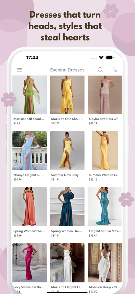 Mobile app interface displaying a grid of various trendy evening dresses for sale