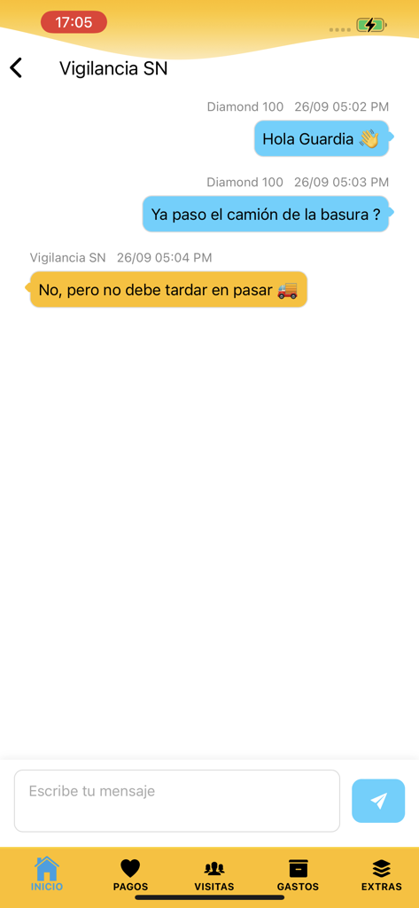 Residentfy - Interface de l'application Residentfy montrant une conversation en temps réel entre un résident et un agent de sécurité communautaire