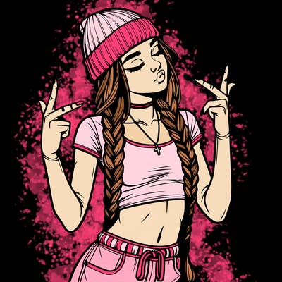 realistic teenage girl with braids and a beanie and crop top doing 🫶🏼