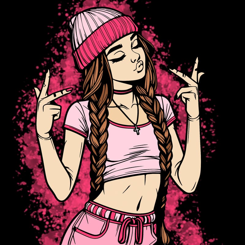 realistic teenage girl with braids and a beanie and crop top doing 🫶🏼