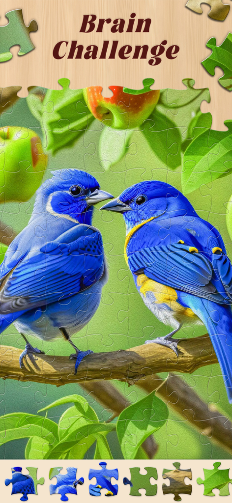 Jigsaw Master - Jigsaw Puzzles - Un rompecabezas digital de dos pájaros azules en la rama de un árbol con el encabezado Desafío Cerebral.