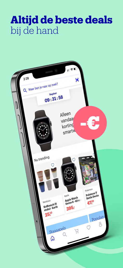 Smartphone screen showing the bol app daily deals interface with discounts on an Apple Watch and trending products.