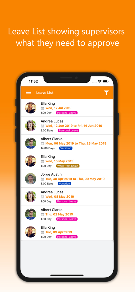 Ein mobiler Bildschirm, der die Liste der OrangeHRM Advanced Urlaube zur Genehmigung von Mitarbeiterurlauben durch den Vorgesetzten zeigt.
