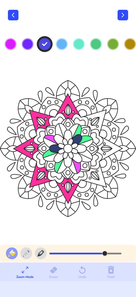 Mandalas paint & color relax - Mobile app screen showing a partially colored mandala with a color palette and editing tools
