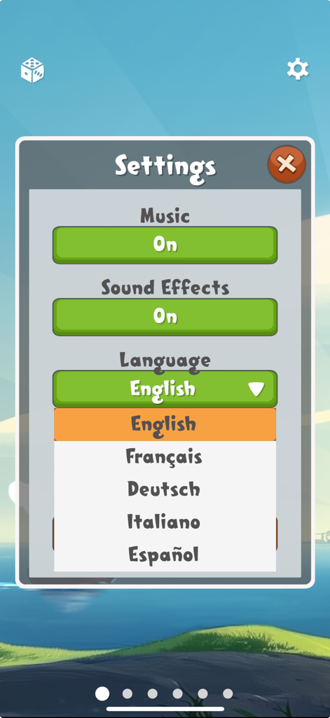 Move the Box - The settings screen for the Move the Box puzzle game showing audio and language options.