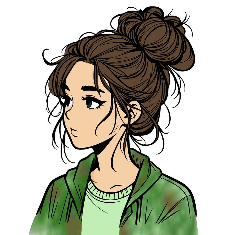 realistic teenage girl with a messy bun