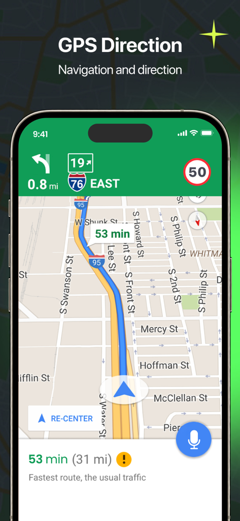 GPS Navigation & Path Finder - GPS navigation interface displaying turn by turn driving directions and a mapped route on an iPhone