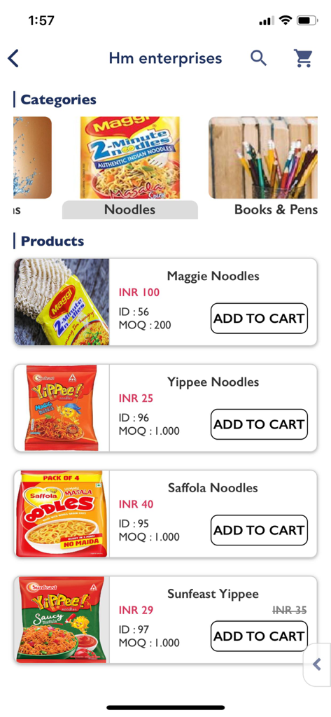 Interface móvel do Storimart Salesman Ordering mostrando um catálogo de produtos com preços e botões de adicionar ao carrinho