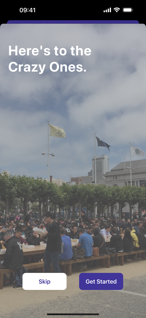 WWDCScholars - WWDCScholars onboarding screen with the text Here is to the Crazy Ones over a photo of scholarship winners.