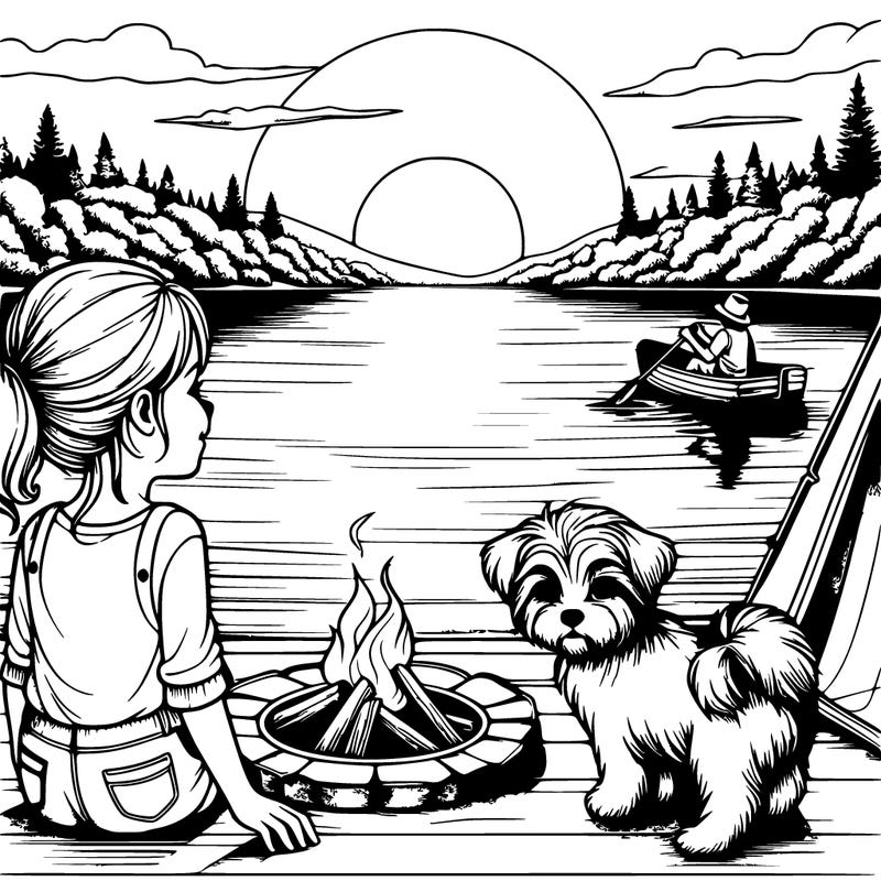 realistic girl looking at lake with sun setting she has a little dog next to her and a tent she’s camping next to a lake maybe a fire pit next to her too and someone boating on the lake