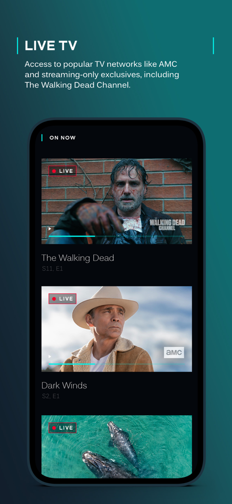 Interface de l'application AMC plus montrant des chaînes de télévision en direct, y compris The Walking Dead et Dark Winds.