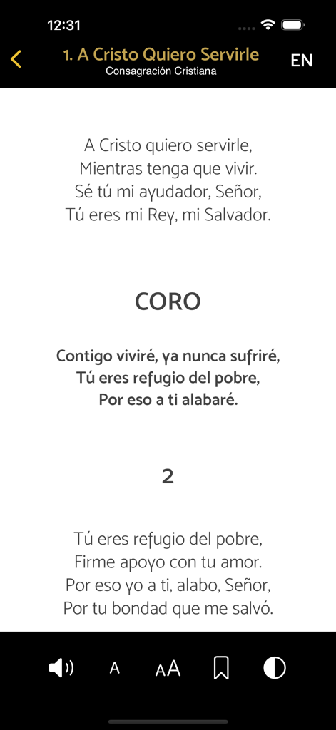 Display of hymn lyrics in Spanish within the Himnario LLDM app featuring tools for font size and night mode adjustment.
