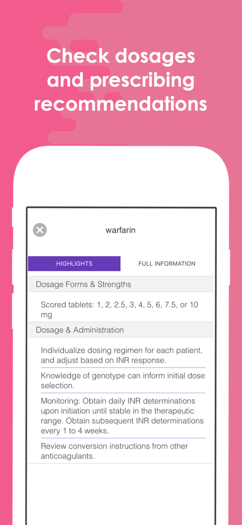 Warfarin dosage and administration guidelines in the MedTap app